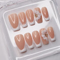 Luxury Press on Nails Medium Square Handmade 3D Unique Reusable ABS Material Fake Nails White French Tip False Nails with Designs Floral Rhinestones Elegant Glossy Glue on Nail Thick Acrylic Nail(M)