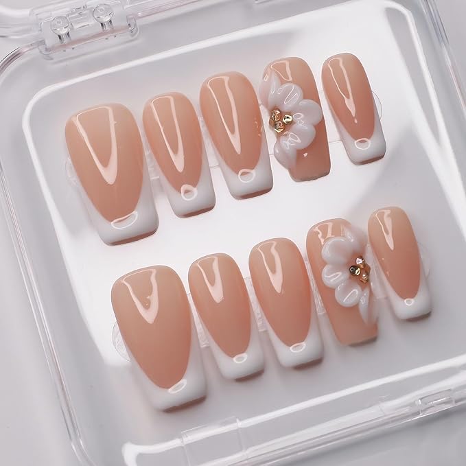 Luxury Press on Nails Medium Square Handmade 3D Unique Reusable ABS Material Fake Nails White French Tip False Nails with Designs Floral Rhinestones Elegant Glossy Glue on Nail Thick Acrylic Nail(M)