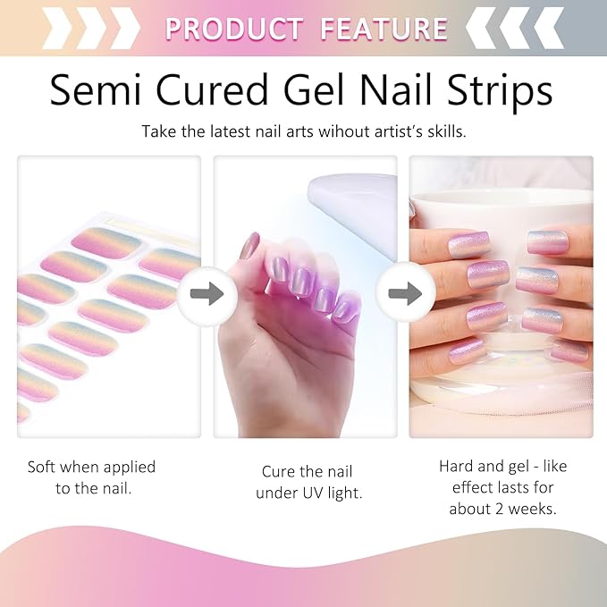 2 Sheet 32 Tips Semi Cured Gel Nail Strips Kit (Colorful Gradient) Salon-Quality Semi Cured Nail Polish Strips Stickers Solid Gel Nail Stickers Full Nail Wraps With Nail File & Wooden Stick