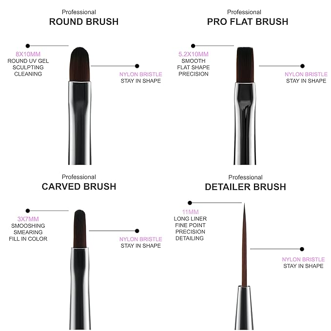 Beaute Galleria 4-Piece UV Gel Nail Art Brush Set - Pro Flat, Carved, Detailer, Round for Fine Line, Detailer, Outline, Striping, Polygel Nails, Gel Sculpting, Nail Tips