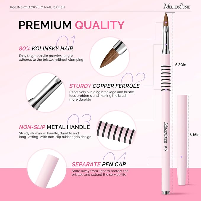 MelodySusie 3D Kolinsky Acrylic Nail Brush, Professional Nail Art Sculpture Brush with Pink Metal Non-Slip Grip Handle, for Acrylic Application 3D Nail Art Flower Designs, Size 5