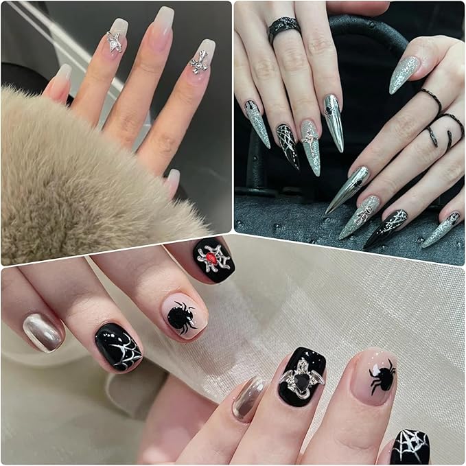 Halloween Nail Charms,68pcs Ghost Head Spider Cross Nail Gems with Rhinestones,Retro Skeleton Planet Crosses Gold Silver Alloy Nail Art Jewelry Decoration for DIY Halloween Nail Design Crafts