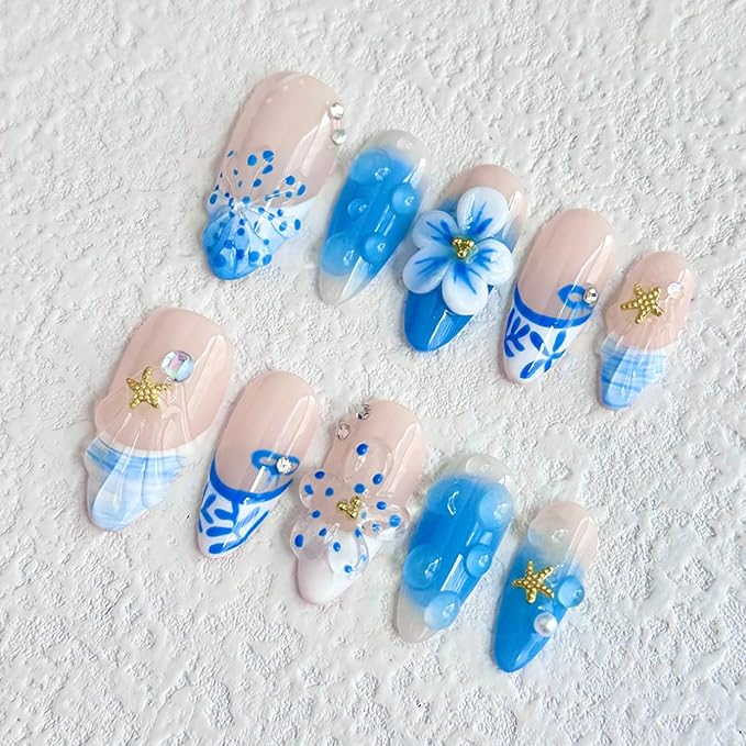 Luxury Press on Nails Medium Almond Handmade 3D Unique Reusable ABS Material Fake Nails Blue French Tip False Nails with Designs Flower Starfish Art Petal Glossy Glue on Nails Thick Acrylic Nails(S)