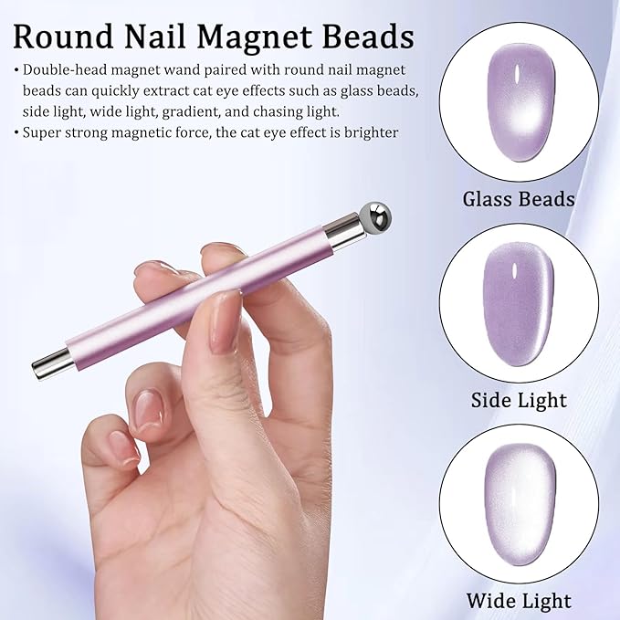 Laza 4pcs Nail Magnet Set, Super Strong Double-head Magnet Wand With Round Nail Magnet Beads, 2pcs Y-Shaped Nail Magnet Guides for Cat Eye Gel Polish, 9D Galaxy Cat Eye Nail Art, Magnetic Nail Polish