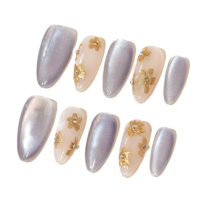 Sun&Beam Nails Handmade Press-on Long Amlond Blue White Gold Magnet Flower Minimalist Design Fashion False Nail Tips 10 Pcs Set (#215 L)
