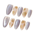 Sun&Beam Nails Handmade Press-on Long Amlond Blue White Gold Magnet Flower Minimalist Design Fashion False Nail Tips 10 Pcs Set (#215 M)