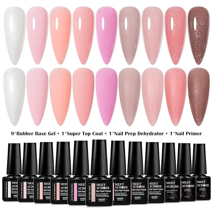 MEET ACROSS Color Base Gel For Nails 12 Pcs, Builder Base Nail Gel Aesthetic Nude Pink Rubber Base Gel Polish with Super Top Coat, Prep Dehydrator and Nail Primer Base Gel Strengthener Gel All-in-1