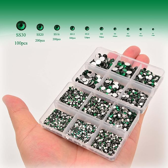 NCB 8000pcs Non Hotfix Rhinestones 10 Sizes Flatback Crystal Glass Rhinestones with Tweezers and Picking Pen for Nail Art Clothes Bags Phone Decorations Crafts DIY (010 Emerald Mix SS3-SS30)