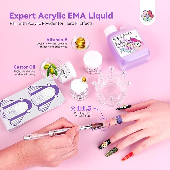 SAVILAND Acrylic Nail Kit: Professional Nails Kit Set Clear White Pink Acrylic Powder and Liquid Set with U V Nail Lamp Nail Remover for DIY Home Use