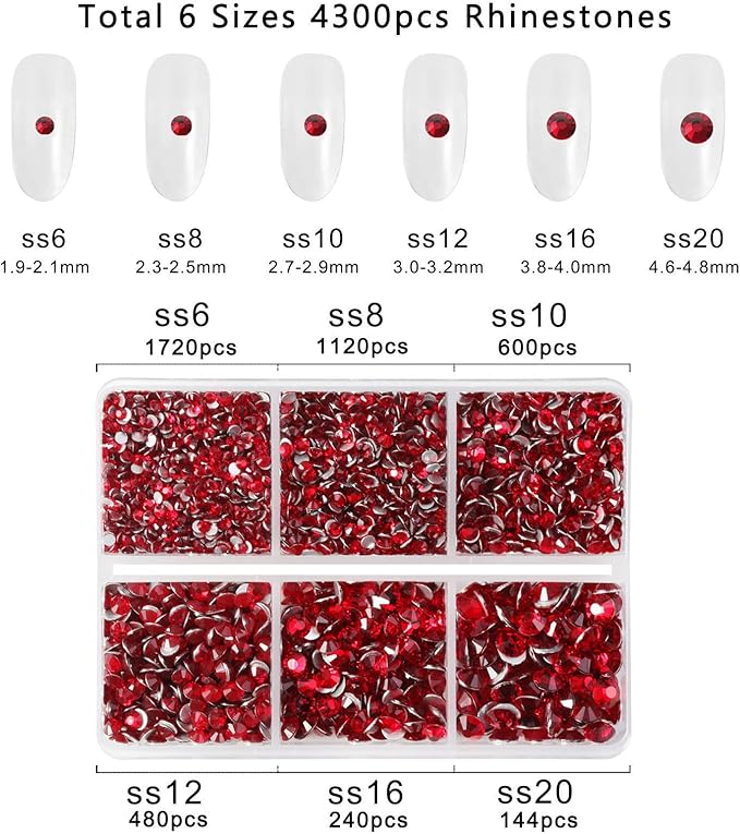 Beadsland 4300pcs Flatback Rhinestones, Red Rhinestone Nail Gems Round Crystal Rhinestones for Crafts,Mixed 6 Sizes with Picking Tweezers and Wax Pencil Kit, SS6-SS20, Siam