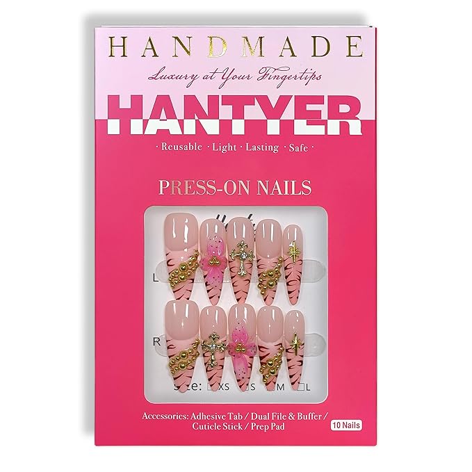 Pink Leopard French Tip Press on Nails with 3D Floral Carving & Cross Gold Beads, Long Stiletto Glossy Y2K Fake Nails, Reusable Edgy False Nails for Women Festival Concert Party (Size XS) ﻿