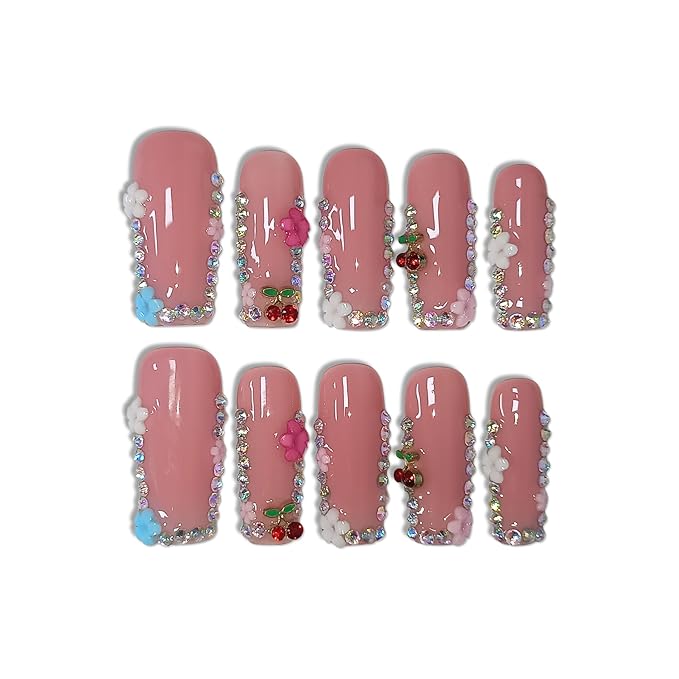 DazzleShine Press on Nails Long Square - Sheer Pink French Tip with Rhinestone Edge Luxury False Nails for Women,Glossy Handmade Acrylic Glue on Nails for Daily(S)