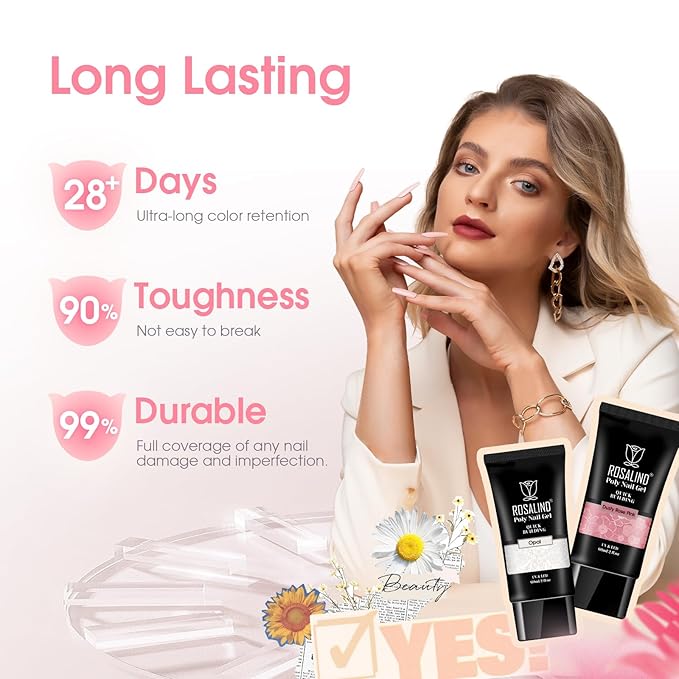 ROSALIND White Rose Pink Acrylic Poly Extension Gel, 2 PCS 2oz/60ml White Poly Nail Gel Set for white Nail Art Decoration, Builder Pink Gel Thickening Poly Nail Gel Tube Easy to DIY Use Need UV Lamp