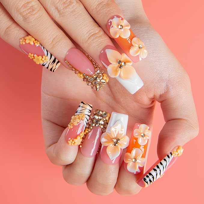 LOVFUL Short French Tip Press on Nails Citrus Muse | Handmade Acrylic Press ons| Reusable Fake False Nails | Square Classic Regular 1.3in | H672-L
