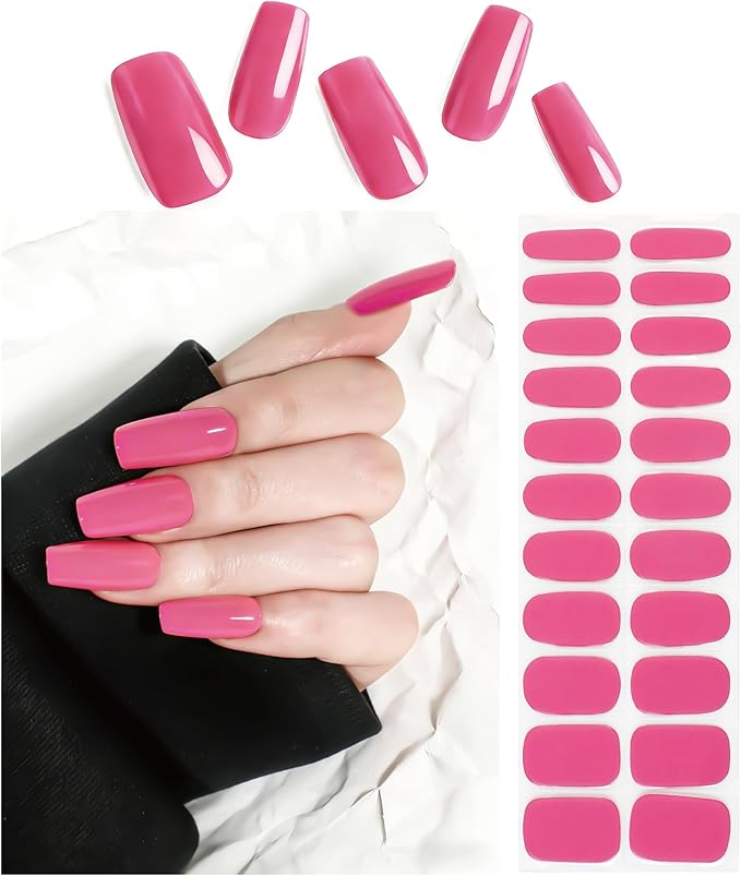 Semi Cured Gel Nail Strips Plum Red Solid Gel Nail Stickers with UV/LED Required Long Lasting Gel Nail Stickers Includes 22 Strips 2 Prep Pads, Nail File & Wooden Stick