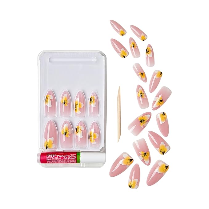 Goldfinger Trendy False Nails Kit, Long Almond Shape Design Nail, Pink & Flower Print, Ready to Wear Gel & Manicure Stick Included, Long-Lasting Convenient & Easy to Apply