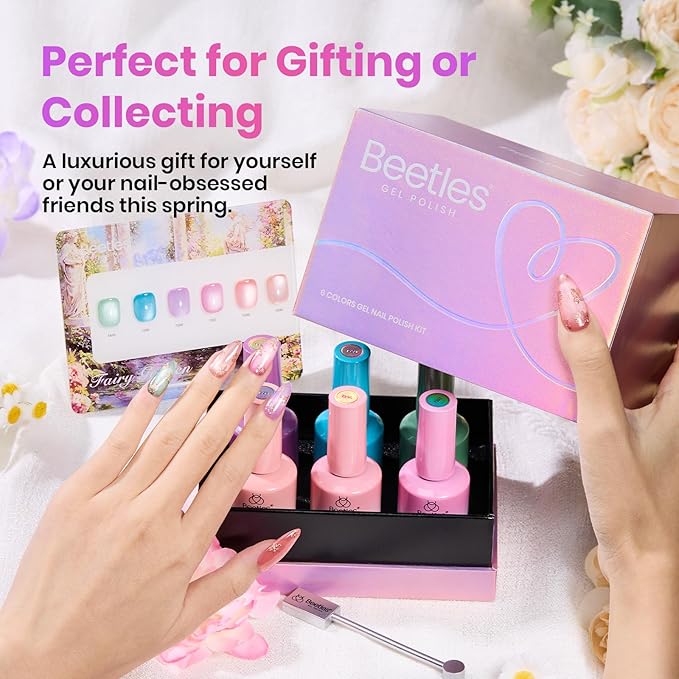 Beetles Fairy Garden Cat Eye Gel Nail Polish Set - 6 Colors 15ML Spring Gel Polish Kit Glitter Pink Purple Blue Orange Red Green Magnetic Effect Soak Off UV Nail Art DIY Manicure Gift for Women