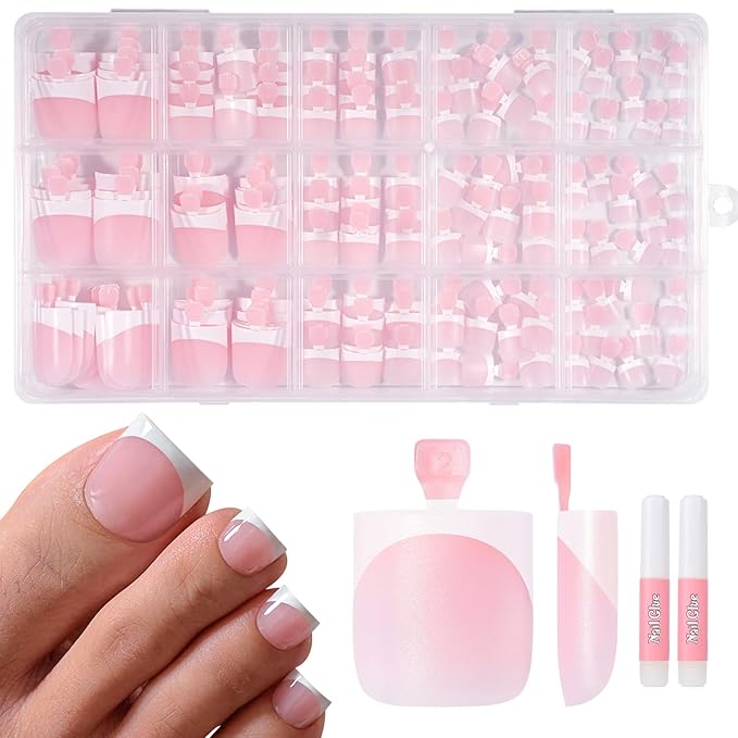 Toe Nail Press On with 2 Nail Glue, 150pcs Square French 15 Sizes Thick Soft False Toenail Extension, Light Pink Full Cover Acrylic for Women Nail Art DIY