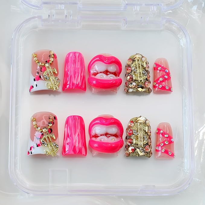 10Pcs Handmade Press on Nails Short Duck Fake Nails with 3D Flaming Red Lips Rhinestone Design Funny Multi-Layer Acrylic False Nails Handmade Duck Nails Press ons Reusable Stick on Nail for Women (M)