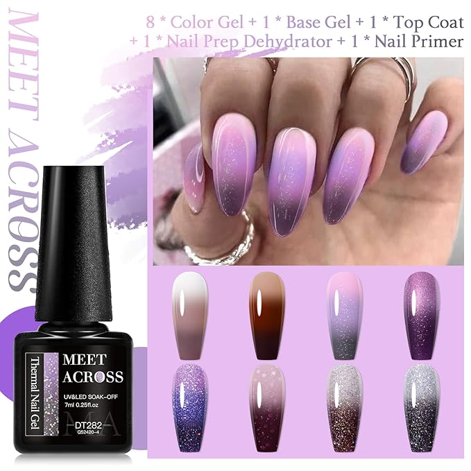 MEET ACROSS 12PCS Color Changing Gel Nail Polish Set Glitter Brown Gray Purple Gel Polish Set Fall Winter Mood Temperature Change Nail Polish UV/LED Nail Art Gifts 8 Colors