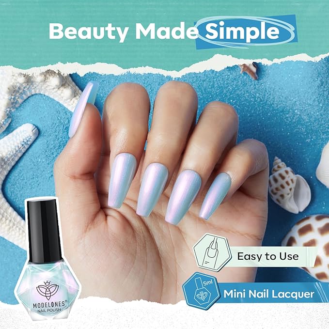modelones Blue Nail Polish Set, 6 Colors Spring Summer White Green Glitter Pearl Mermaid Quick Dry Mini Starter Kit, Long Lasting Art DIY Manicure Set at Home for Women Girls