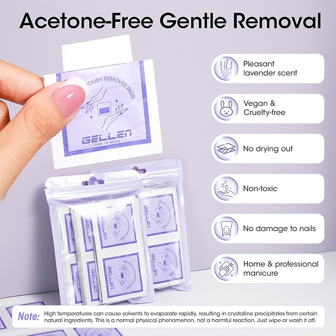 Gellen Nail Polish Remover Pads 100% Non Acetone, 100 Pack of Individually Wrapped Bulk Set Gel Nail Polish Remover Wipes, Skin-Care Formula, Travel Kit for Home & Professional Removal