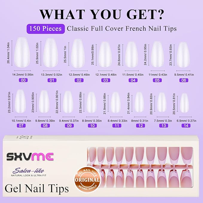 Gel French Tip Nails Long Coffin French Tip Press on Nails White French Nail Tips 150Pcs Pre-applied Tip Primer Natural Skin Tones Fake Nails Extensions Gel Nail Kit for Women Girls DIY