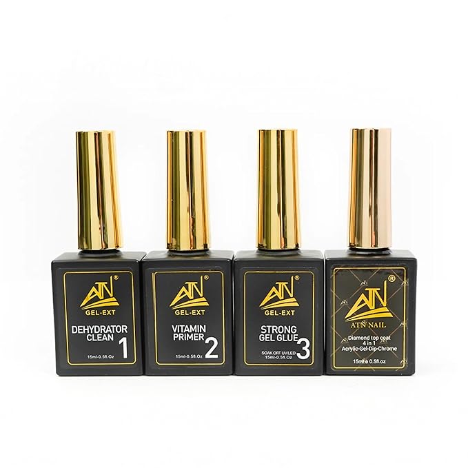 ATN Gel X Nail - Essentials Set | Dehydrator Clean, Vitamin Primer, Strong Glue & 4-in-1 Diamond Top Coat | Professional Nail Art Kit (Gel Ext #1, Small)