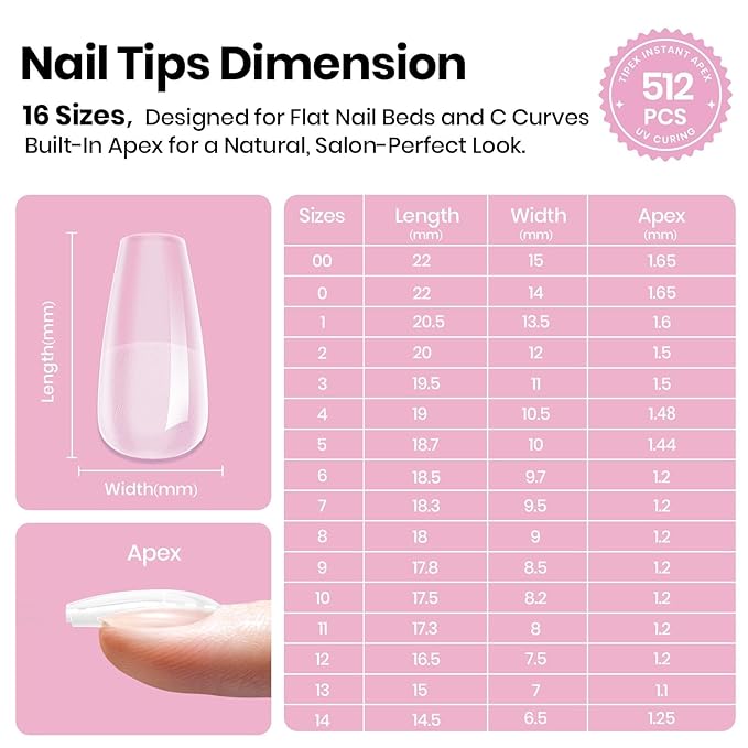 Beetles Tipex Lite Apex Nail Tips,Coffin Short, 512pcs 16 Sizes,Pre-Building Pre-Etched Acrylic Nail Tips for Flat Nails & Natural C-Curves Nail Beds