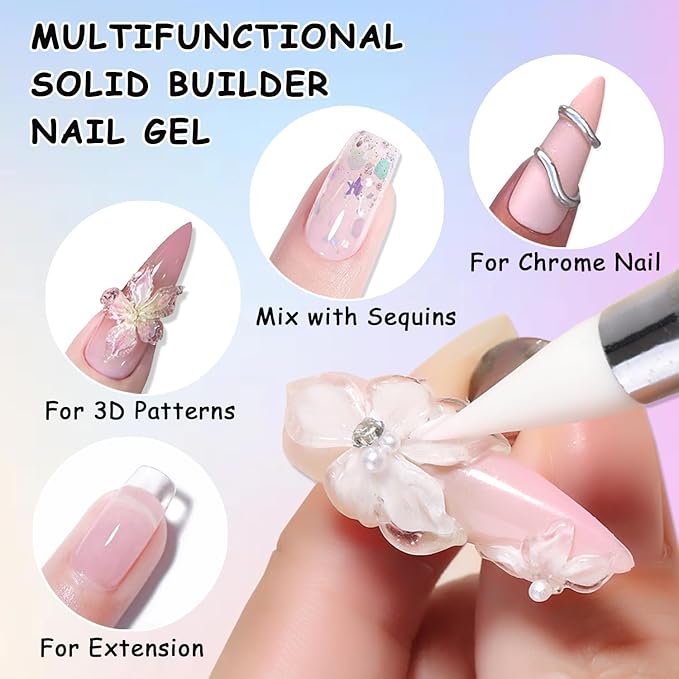 Solid Builder Nail Gel - 2PCS Clear 3D Nail Gel Non-Sticky Hand Sculpting Hard Gels Extension Glue with Silicone Pen for 3D Nails Art Designs Manicure DIY Home Salon
