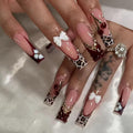 Long Press on Nails Square Fake Nails Brown Artificial Nail White Bow and Red Cherry Designs Rhinestones Stick on Nail for Women 24pcs