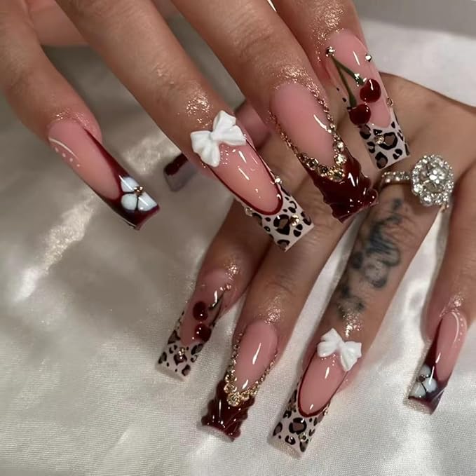 Long Press on Nails Square Fake Nails Brown Artificial Nail White Bow and Red Cherry Designs Rhinestones Stick on Nail for Women 24pcs