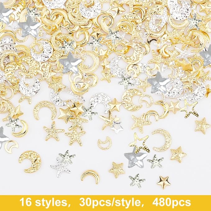 OLYCRAFT 480pcs 16 Styles Star Moon Starfish Resin Fillers Brass Cabochons Nail Art Decoration Accessories Resin Accessories Supplies for Jewelry Making Nail Art Decoration - Gold & Silver