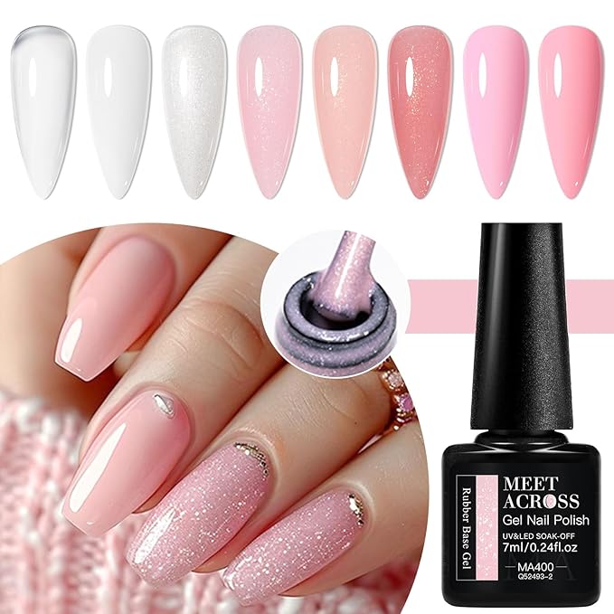 MEET ACROSS Rubber Base Gel Set 12 Pcs, 8 Colors Jelly Builder Base Nail Gel Nude Sheer White Pink Shimmer, 2-in-1 Soak Off Base Gel Nail Strengthener