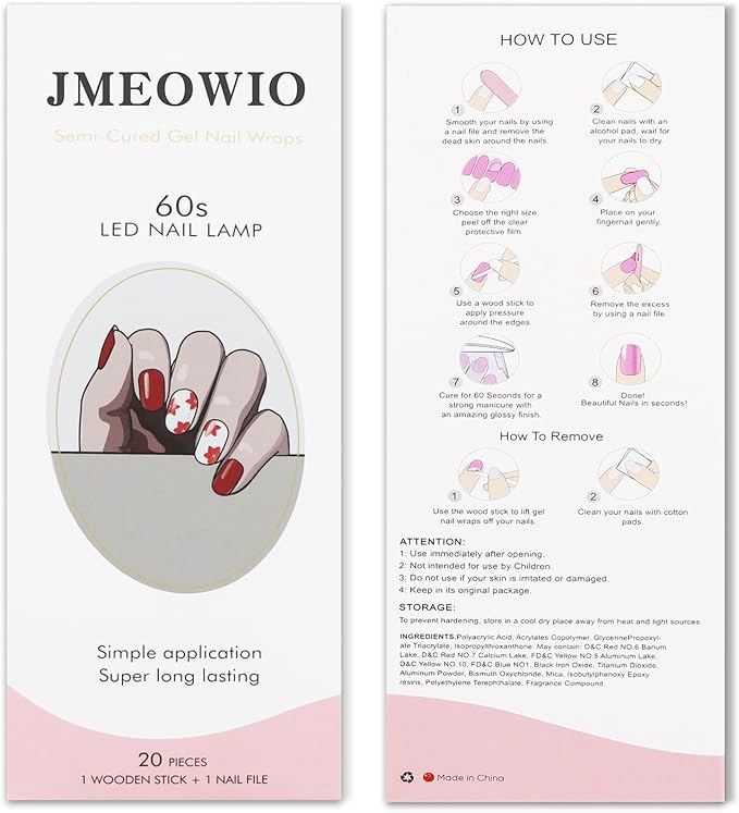 JMEOWIO Gel Nail Stickers Red Flower Semi Cured Gel Nail Strips Wraps UV/LED Nails Art Design Decoration Accessories