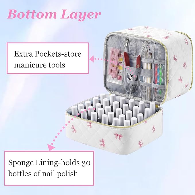 PU Leather Nail Polish Organizer and Nail Lamp Case, Nail Kit Organizer Holds 30+ Bottles (15ml - 0.5 fl.oz) and a Nail Lamp, Nail Polish Carrying Case with Manicure Tools Storage Sections (Pink Bow)