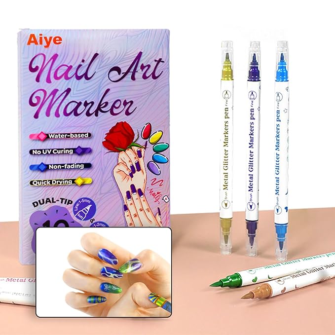 Metallic Nail Art Pens Set, 10 Colors Double-Ended Nail Marker Pens for Nail Design, Water-Based Quick Dry Paint Pens for DIY Manicure, Dotting Line Painting for Home & Salon