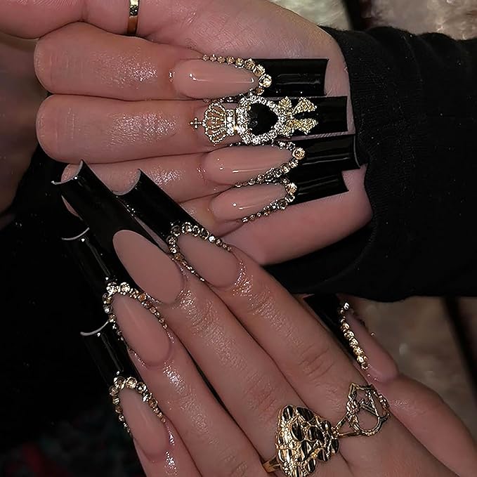 Black Press on Nails Long Square Press on False Nails Full Cover Fake Nails Glue on Nail with Design Nails Rhinestones Acrylic Glossy Stick on Nail for Women (French Tip Black)