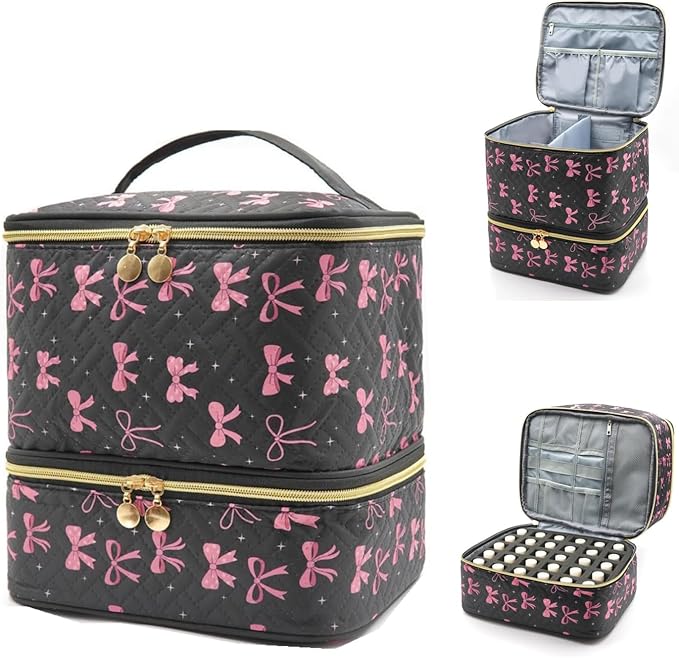 Nail Polish Organizer Aesthetic Nail Organizers and Storage, Bow Nail Supplies Kit Organizer Travel Carrying Case for Manicure Tools (Black, 2 Layer)