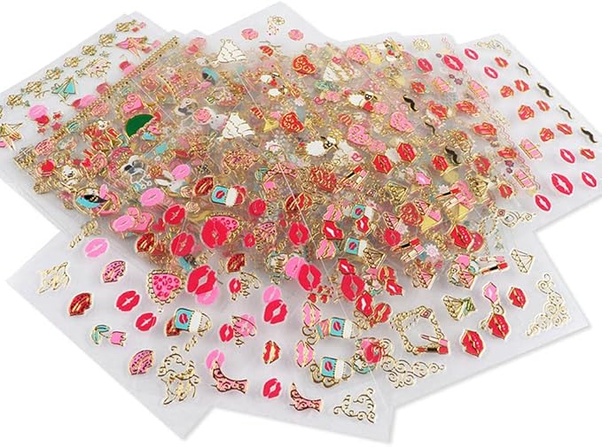 Lips Nail Stickers for Valentine's Day, 3D Gold Nail Decals Foils Nail Art Supplies Valentines Heart Red Lip Self-Adhesive Nail Design Metallic Nail Stickers for Women Girls DIY Nail Decoration 30 PCS