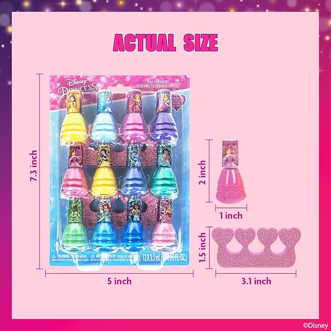 Townley Girl Disney Princess Water Based Peel Off Quick Dry Nail Polish with Nail Separators Gift Kit Set for Kids Girls 14 Pc Set Perfect for Parties, Sleepovers and Makeovers
