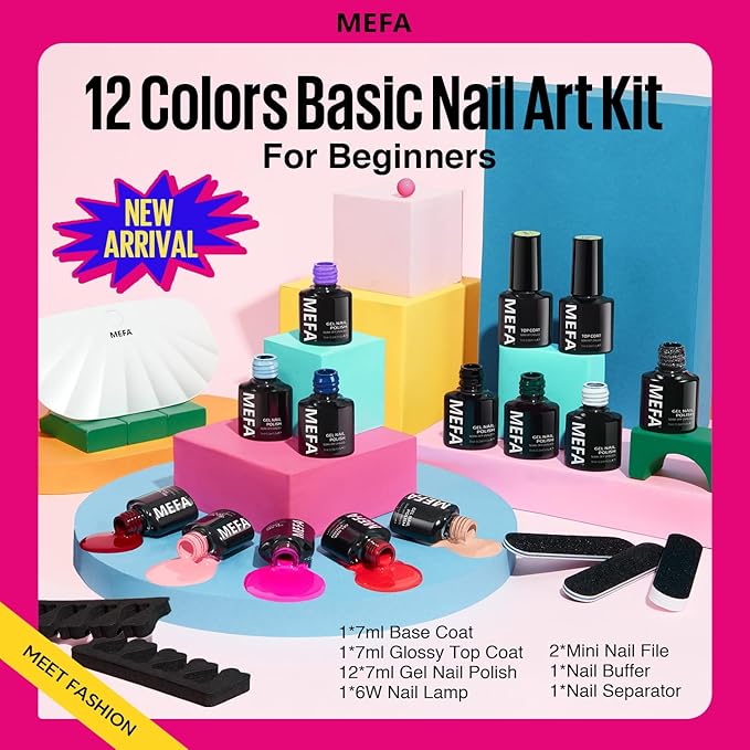 MEFA 19 Pcs Gel Nail Polish Kit with U V Light, 12 Colors All Seasons Soak Off Gel Polish Nail Set with Base Top Coat Essential Manicure Tools Beginners Salon Nails Art DIY