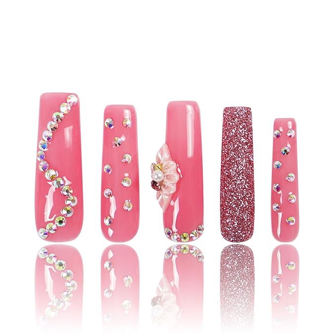 LOVFUL Press on Nails Shimmer Blossom Pink| Handmade with Full Covered Crystals| Reusable Fake Nails| Square Mid length 1.7in| H96-M
