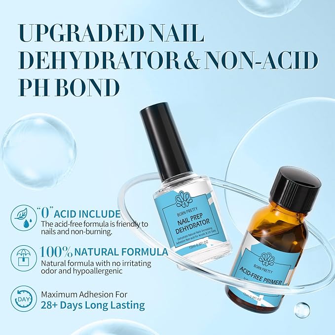 BORN PRETTY Nail Dehydrate and Primer, 15ml Dehydrator for Acrylic and Gel Nail Polish, Non Acid Primer for U V Gels, No Burn Fast Air Dry Nail Prep Dehydrator Set, 0.5oz