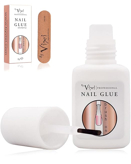 8g By Vixi Extra Strong Nail Glue with Brush and Free PREP File Clear Instant Dry Adhesive, Professional Salon Quality