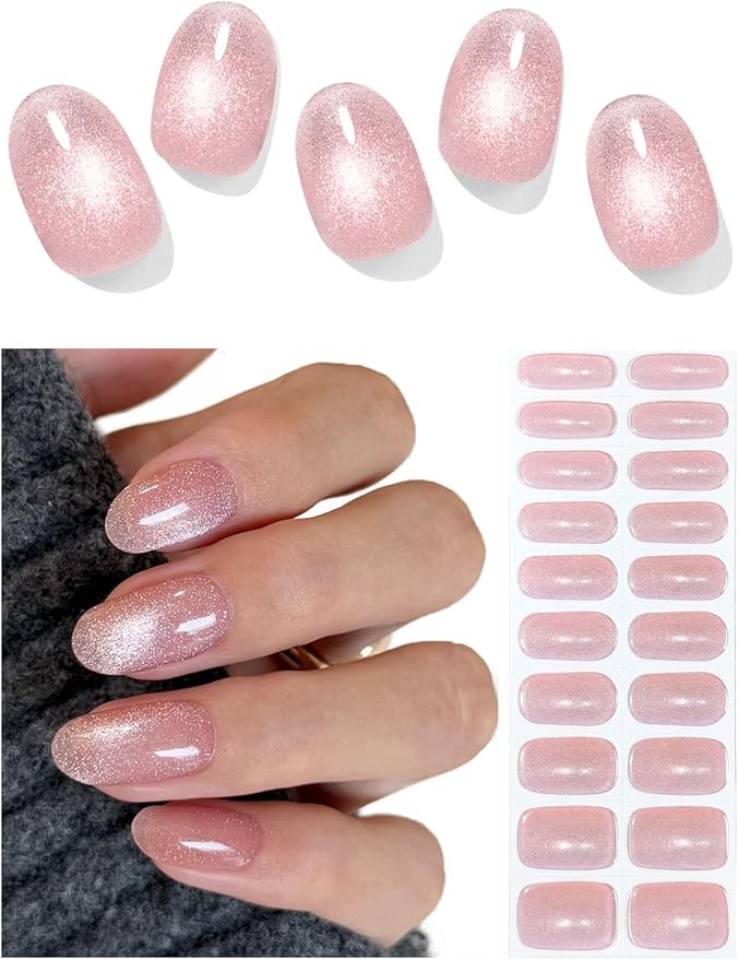 Semi Cured Gel Nail Strips (Nude Pink Cat Eye), Light-Chasing, 20 Pcs Gel Nail Wraps, Stickers, Works with Any UV Lamps