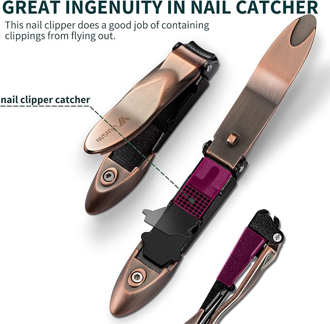 Nail Clippers with Catcher, No Splash Fingernail Toenail Clippers with Sharp Curved Blade and Glass Nail File, Wide Jaw Opening Stainless Steel Nail Cutter Trimmer for Seniors Adult Men Women