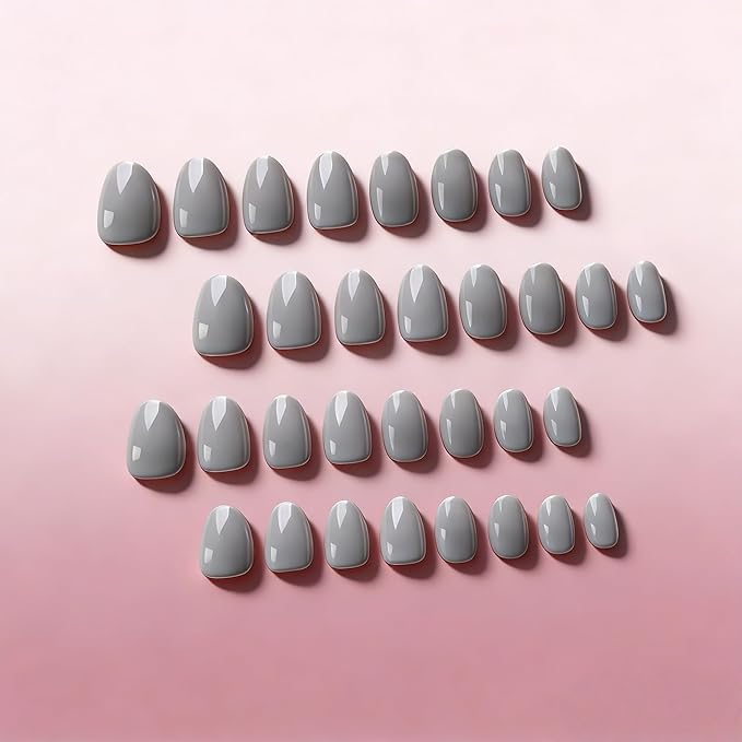 KQueenest Press On Nails Short - Stone Gray Press On Nails Oval, 32 Pcs 16 Sizes Natural Short Fake Nails Press ons Almond, Reusable Opaque Glossy Gel Glue on Nail with Glue for Everyday Office Wear