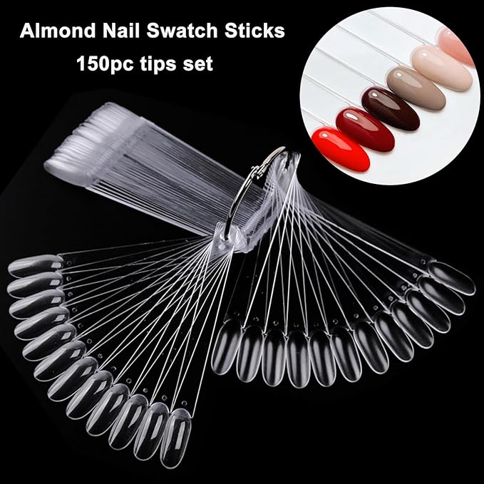 LoveOurHome 150pc Medium Almond Nail Swatch Sticks Vanish Gel Polish Color Design Display Stick Tips Clear Almond Fan Cards Nails Art Practice Sample Tools with Rings