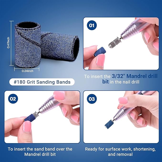 MelodySusie 100 Pcs Nail Drill Bits Sanding Bands for Nail Drill 180 Fine Grit Nail File Sanding Bands for Acrylic Nails Gel Manicures and Pedicure